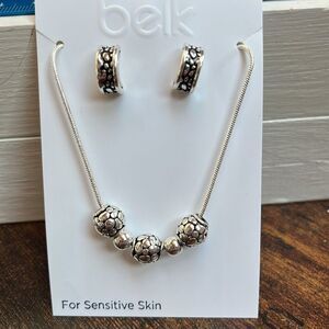 Silver-Tone Beaded Necklace and C Hoop Earring Set